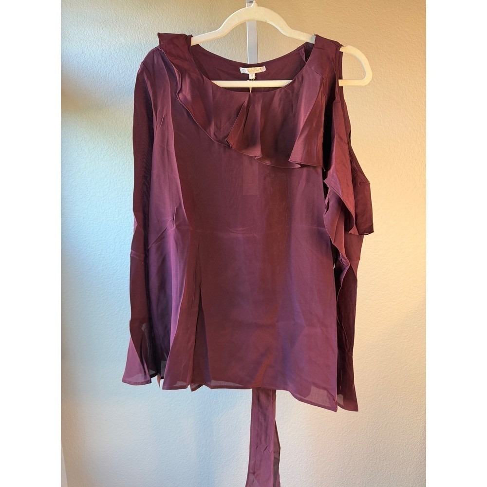 Gold‎ Hawk Silk Cold Shoulder Ruffle Tie Neck Blouse Top Women's M Burgundy